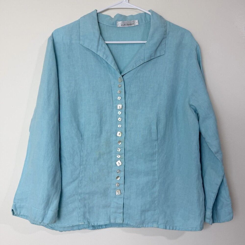 Cut Loose Linen Button Front Linen Shirt Top Aqua Blue Women’s L Artsy